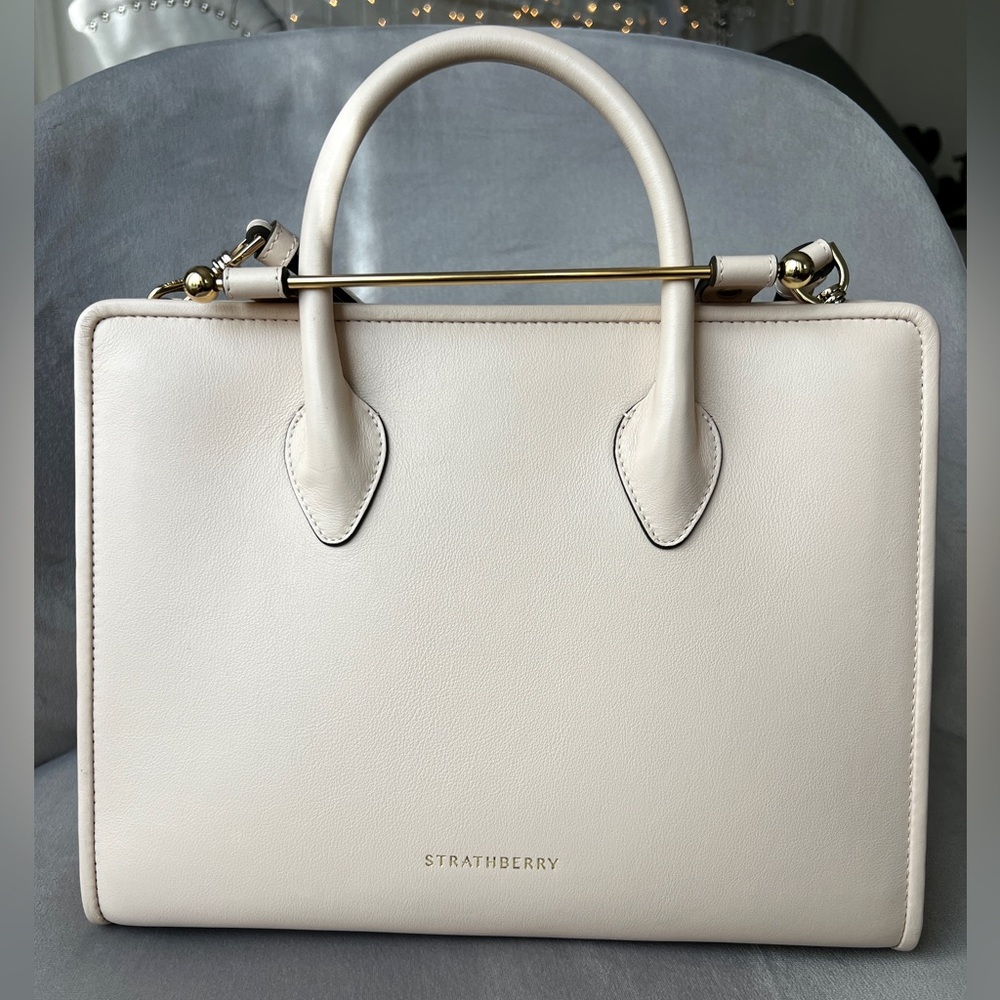 Strathberry Cream/Soft Peach Leather Top-Handle Tote with Gold Bar